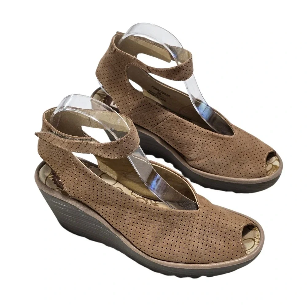 Fly London Yaba Taupe Perforated Suede Wedge Sandals Peep Toe EU 39 P500376030